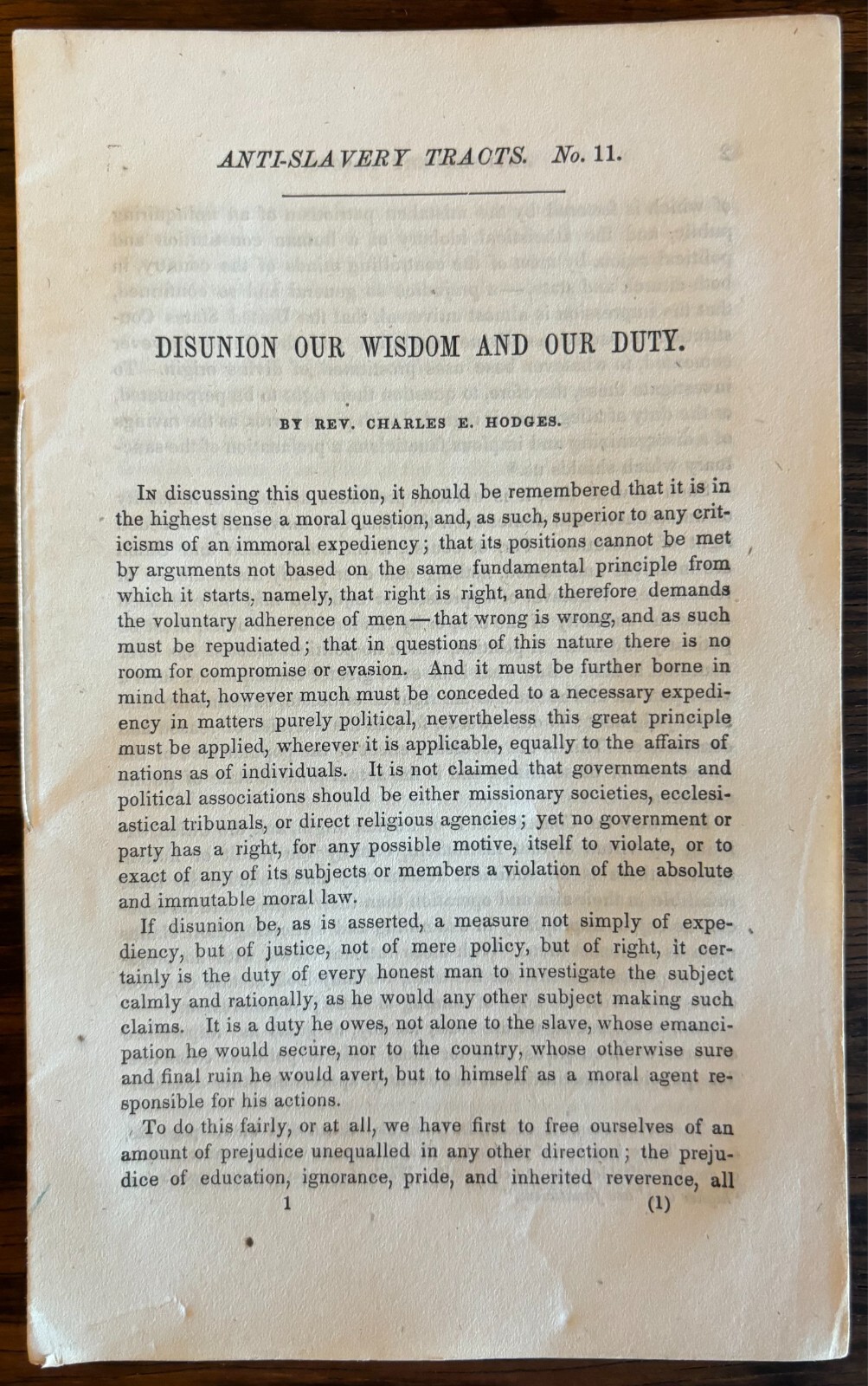 1855 BLACK ABOLITIONIST ARGUES DISUNION OF AMERICA TO FIGHT SLAVERY Rev. Hodges