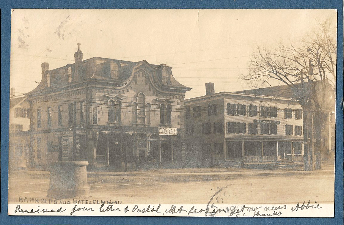 1179  1907 RPPC Photo Postcard Old Bank Building & Elmwood Hotel Reading Mass
