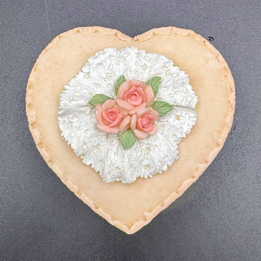 Vintage Heart-Shaped Floral Trinket Box w/ Lid Intricate Pink Roses w/Lace Trim