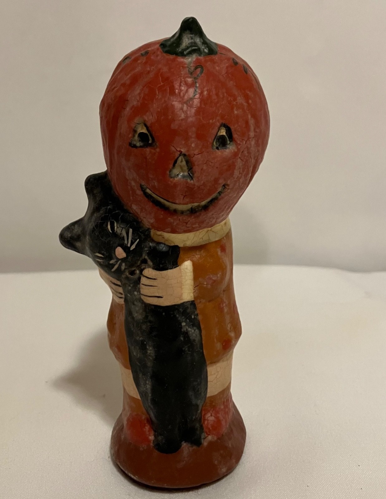 Vintage Chalkware Halloween Figurine Pumpkin with Cat