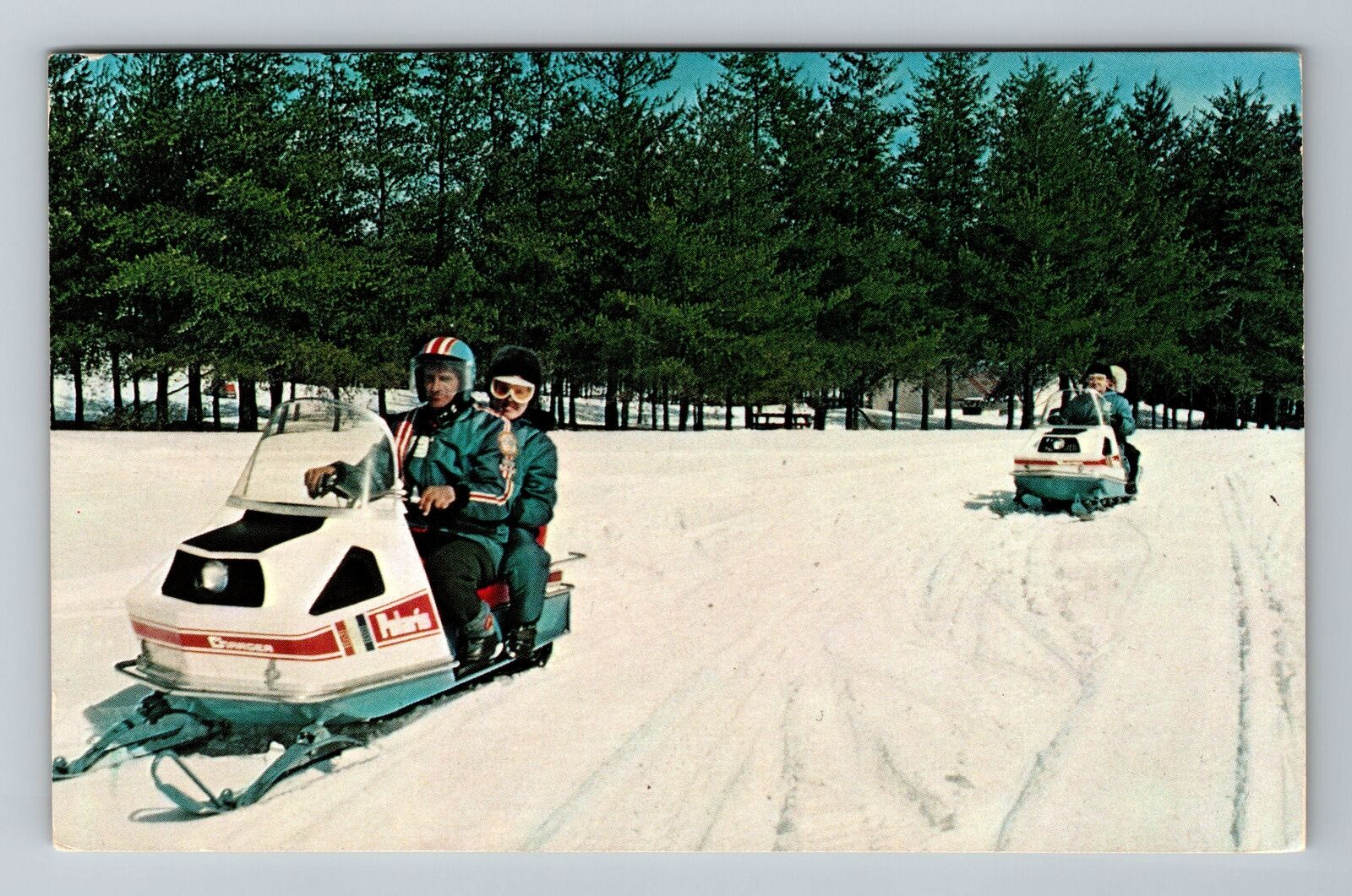 Family Snowmobiling In Winter, c1981 Vintage Souvenir Postcard