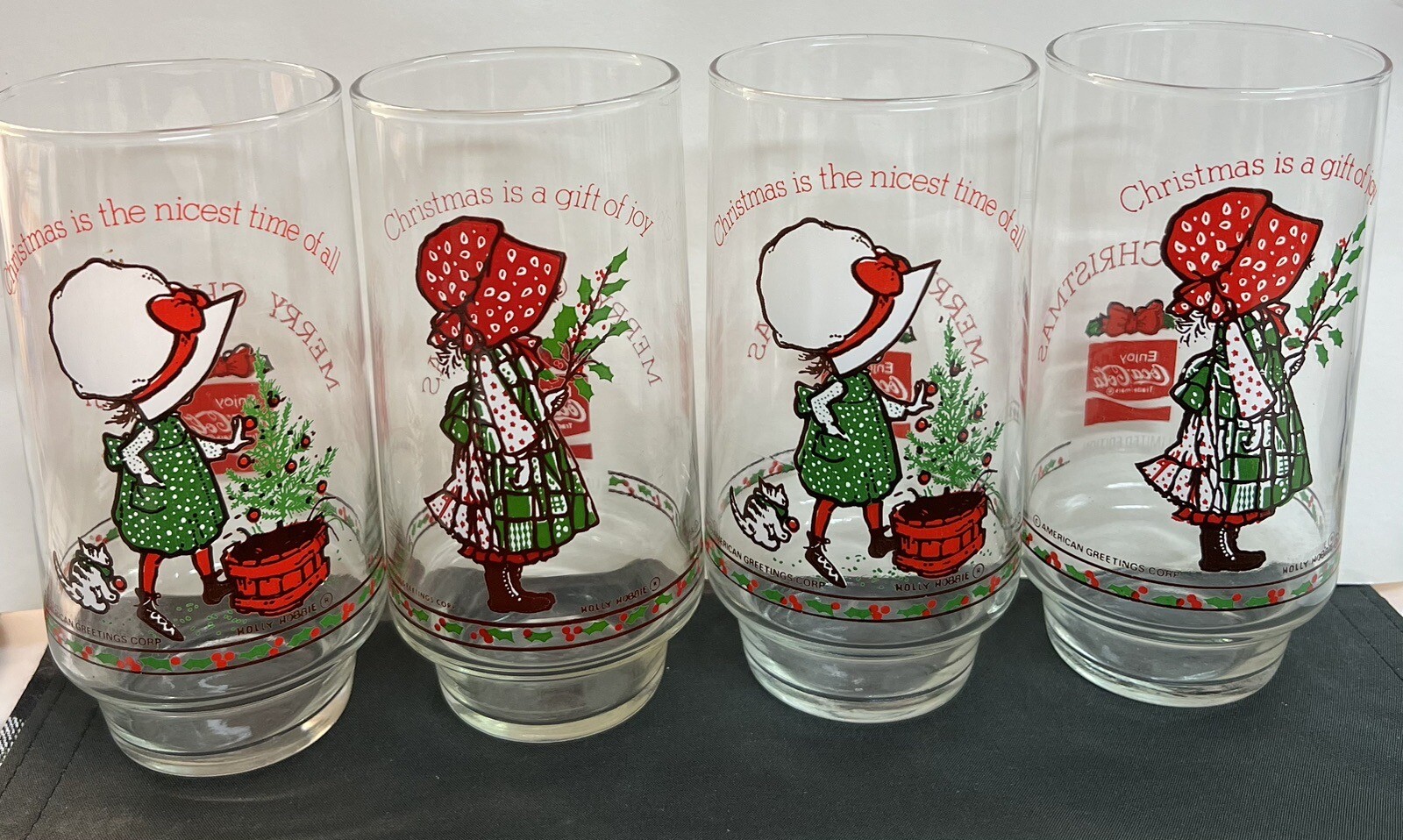 Set of 4 VTG Holly Hobbie Coke Glasses Merry Christmas Limited Edition