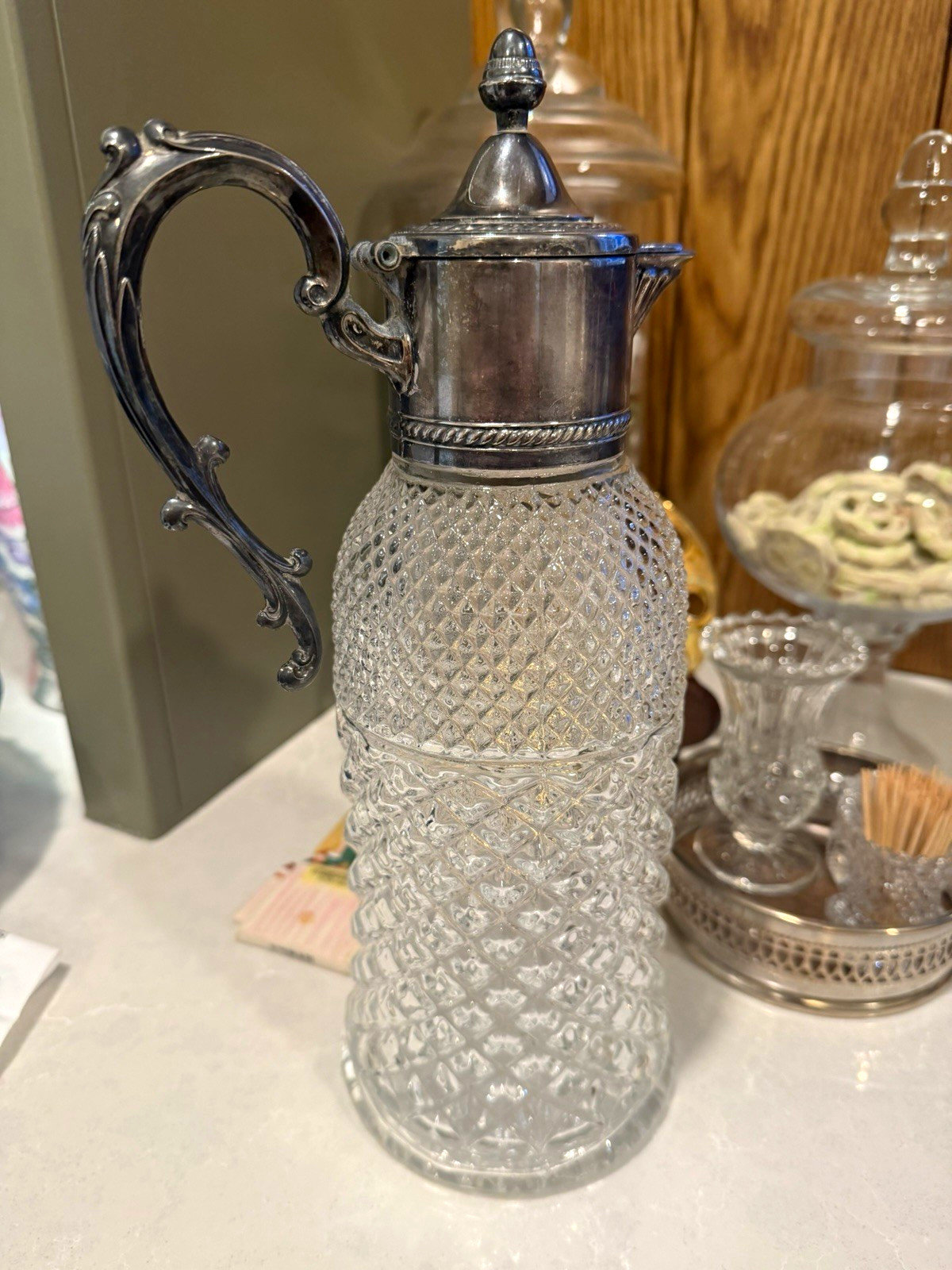Antique Pressed Glass Pitcher / Syrup or Claret Jug – Ornate Silver-Tone