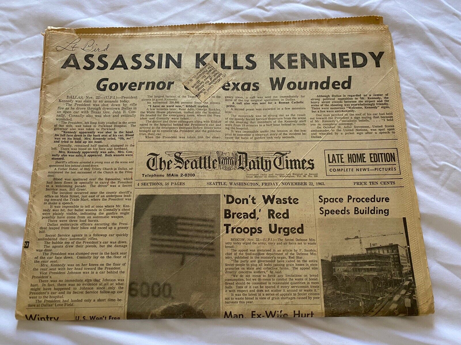 JFK. Rare November 22, 1963 Seattle Daily Times