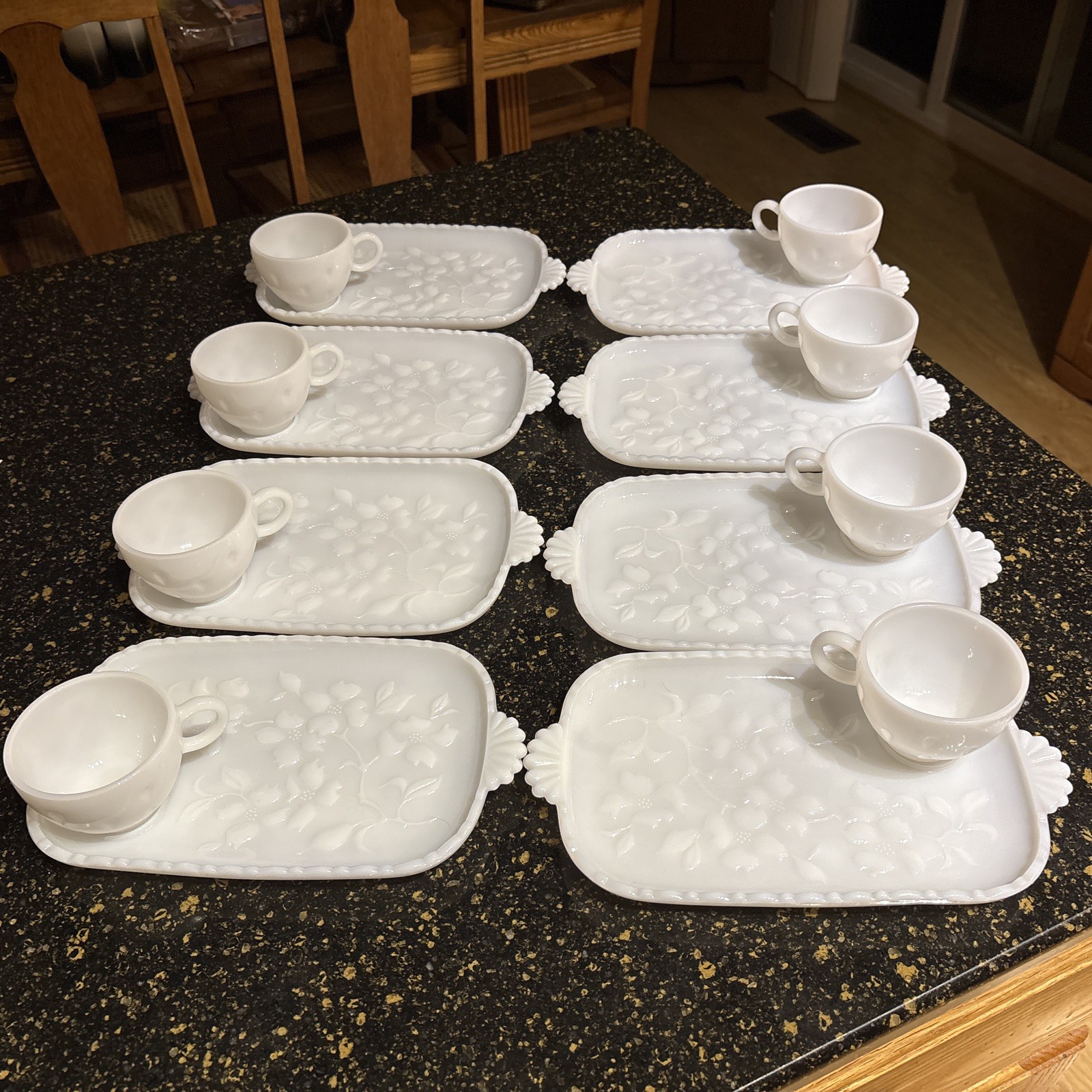 Set of 8 Vintage Hazel Atlas Luncheon Plate Cup Milk Glass Dogwood Pattern 16 Pc