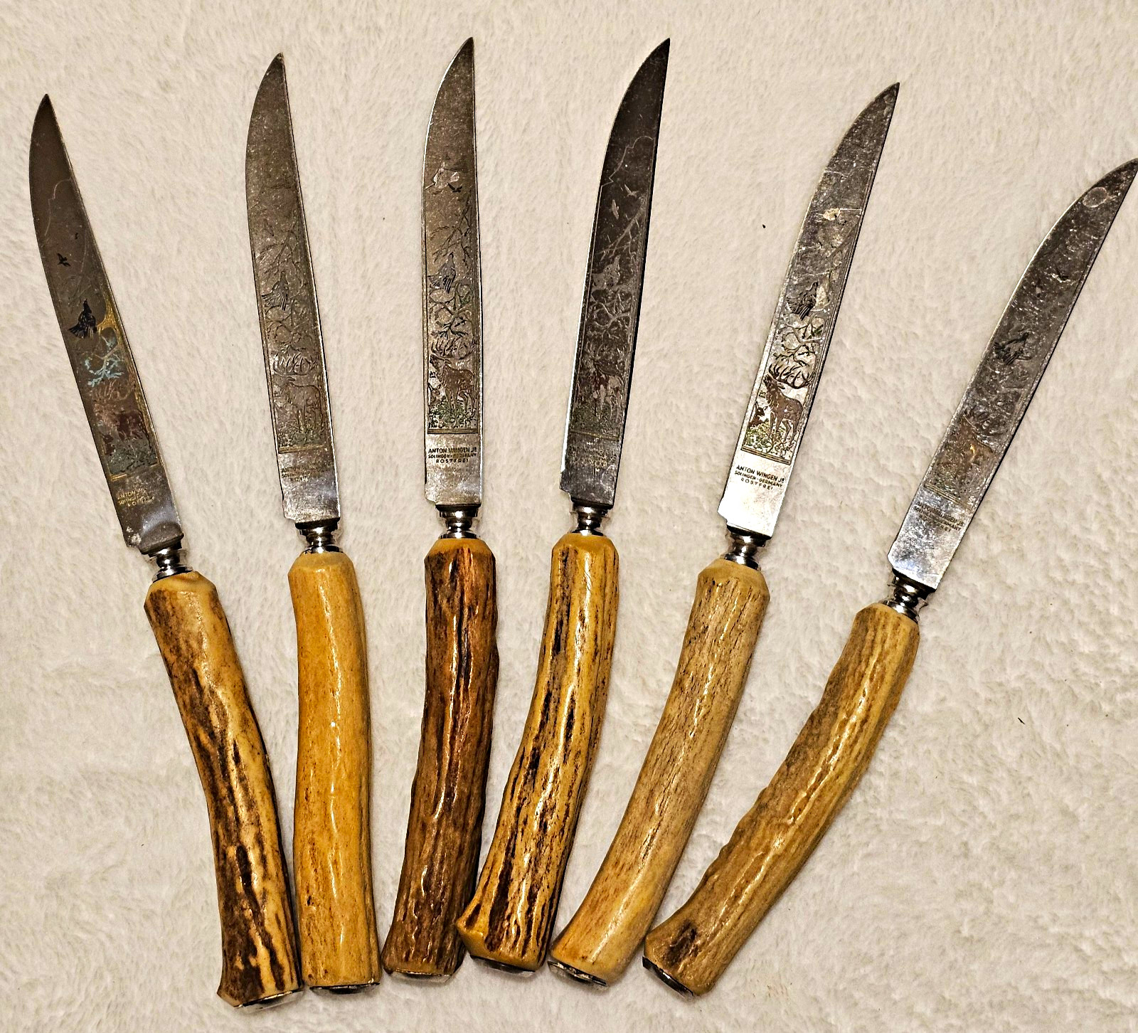 Anton Wingen Jr. Solingen Germany Rostfrei 6-Piece Engraved Antler Knife Set