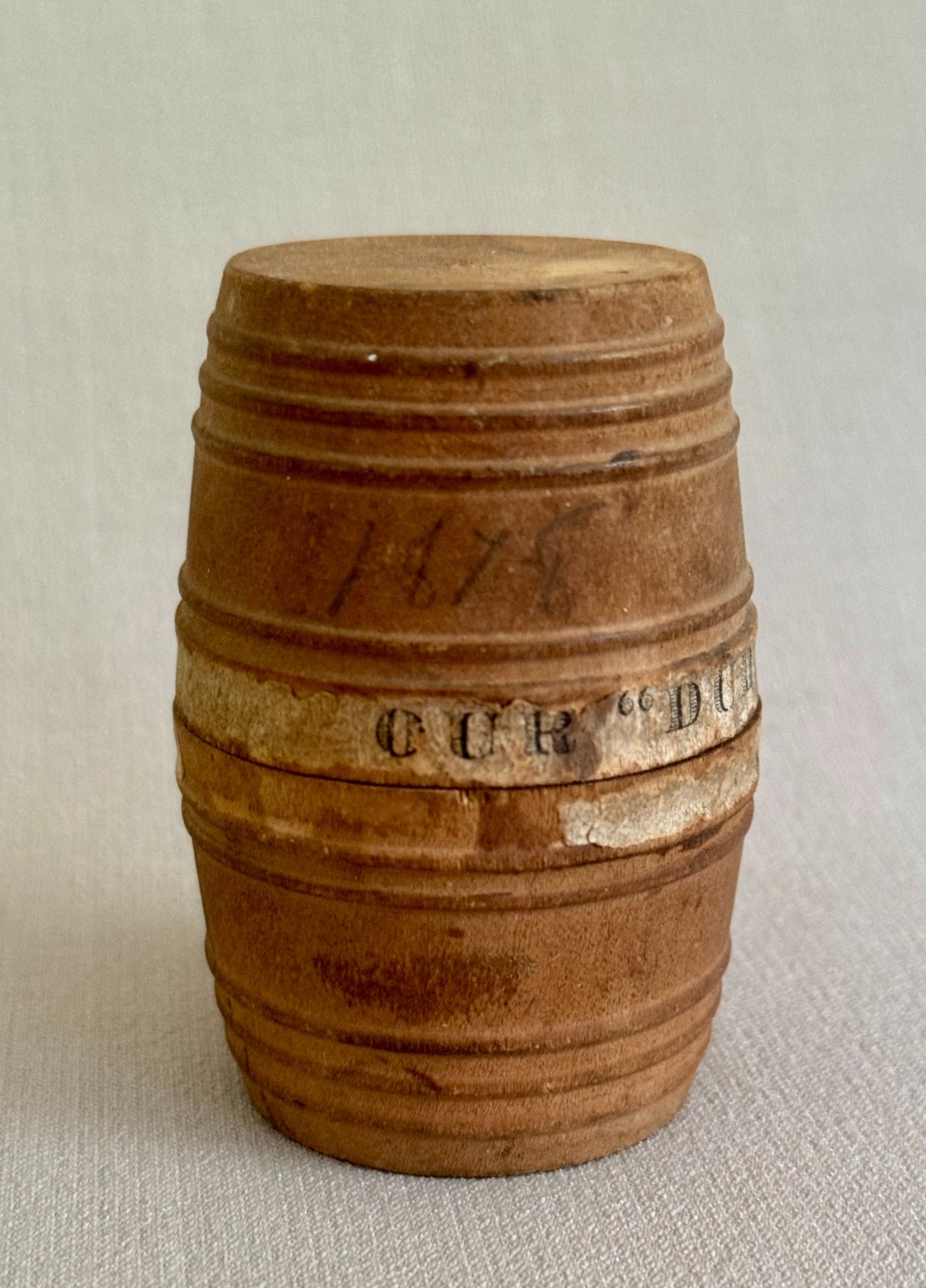 Antique Wooden Treen MIniature Barrel Container with Partial Label - 1878