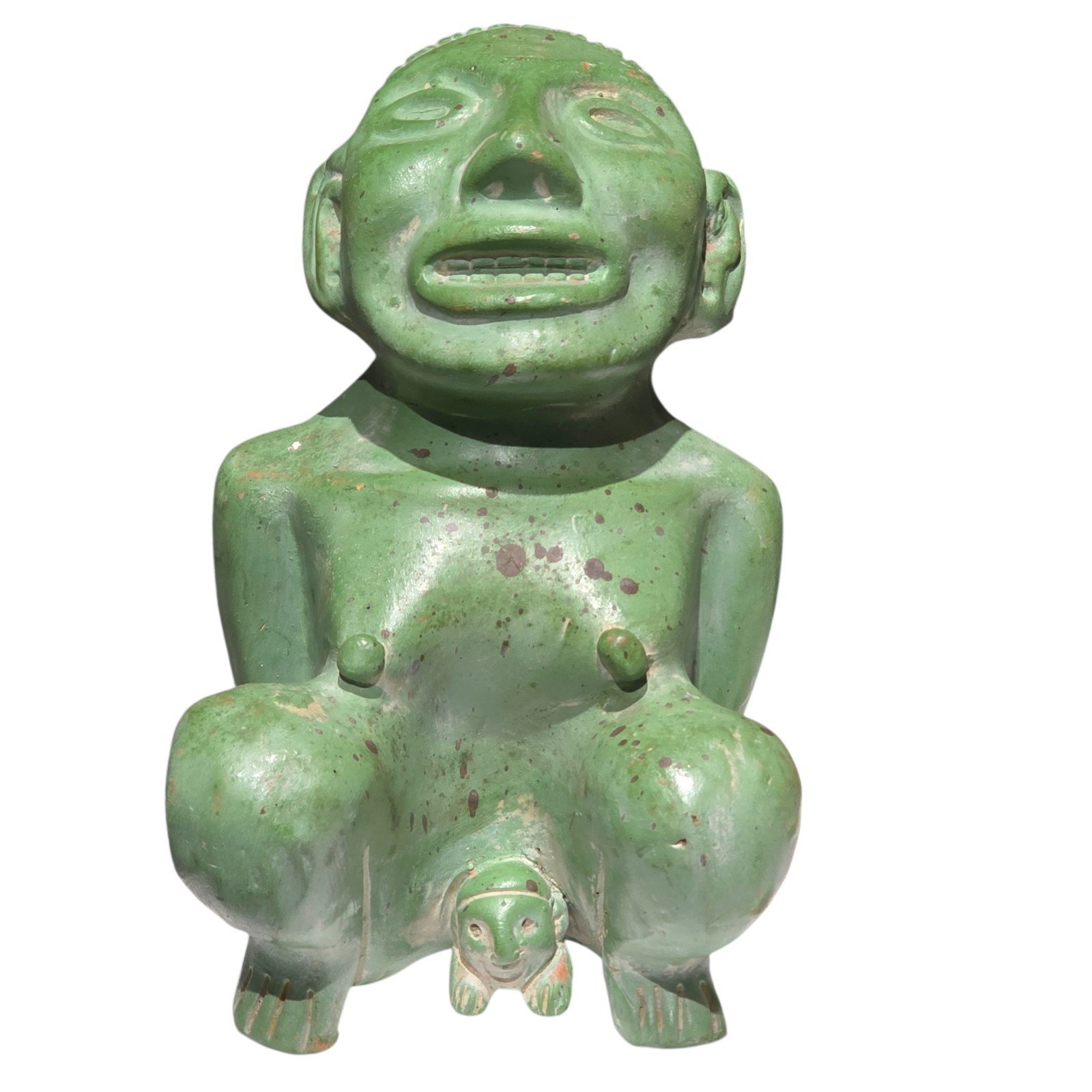 Vintage Mexican Folk Art Green Glazed Aztec Tlazolteotl Birthing Figure Replica
