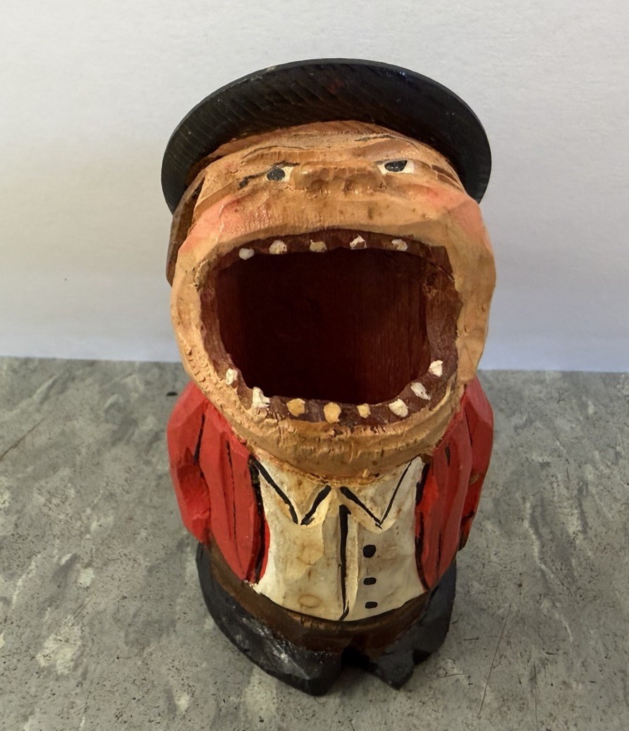 Vintage ANRI Made in Italy Hand Carved Toothpick Match Holder Big Mouth Italian
