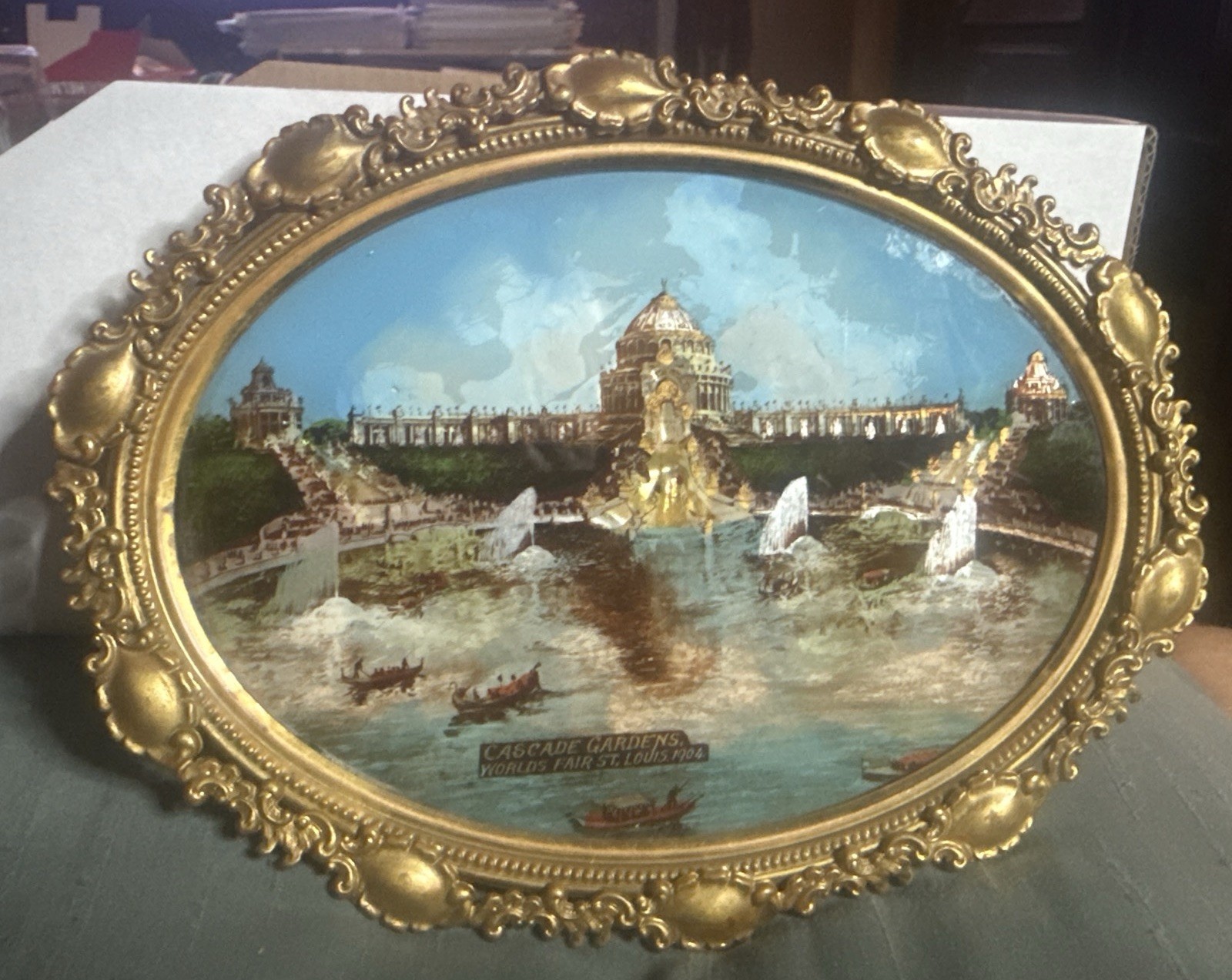 Antique Gold Framed1904 St. Louis World\'s Fair Reverse Painting Cascade Gardens