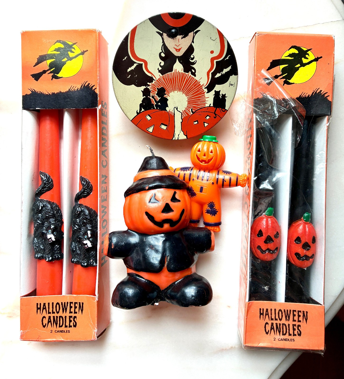 vtg HALLOWEEN toy metal noise maker, candles, plastic jack o lantern