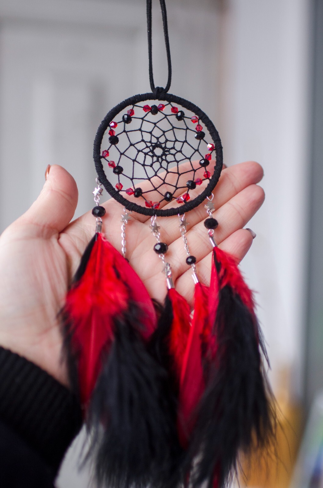 Small Dream Catcher Beaded Car Black Red Wall Hanging Ornament Feathers Stars Small Dream Catcher Beaded Car Black Red Wall Hanging Ornament Feathers Stars