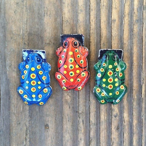 3 Vintage Original  Tin Litho FROG CLICKERS Crickets Toys 1930s NOS JAPAN