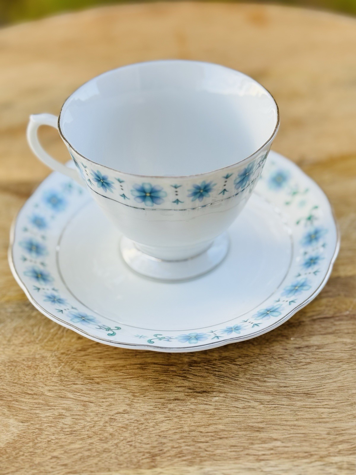 Retro Floral Cup And Saucer Demi Blue Flowers Platinum Trim China 1960’s Mid