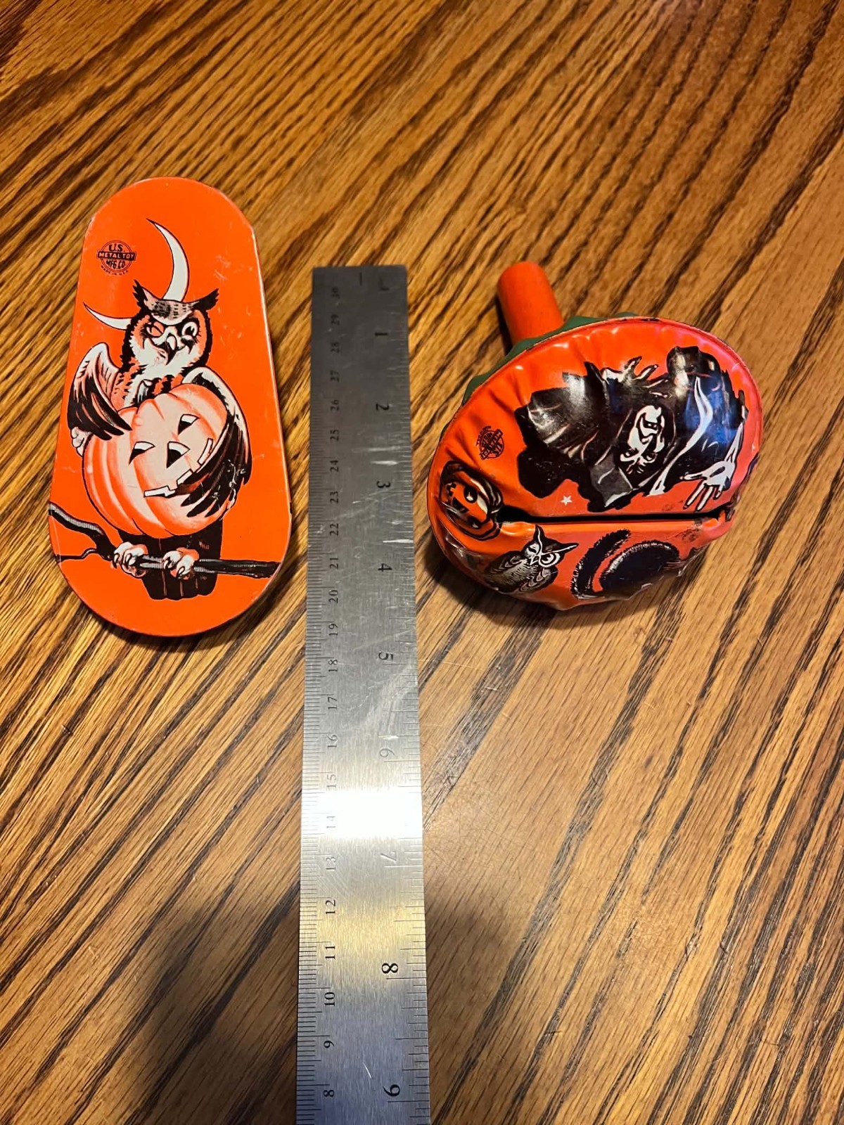 Two Vintage 1960s Halloween Metal Noisemakers US Metal Toy Mfg Co USA