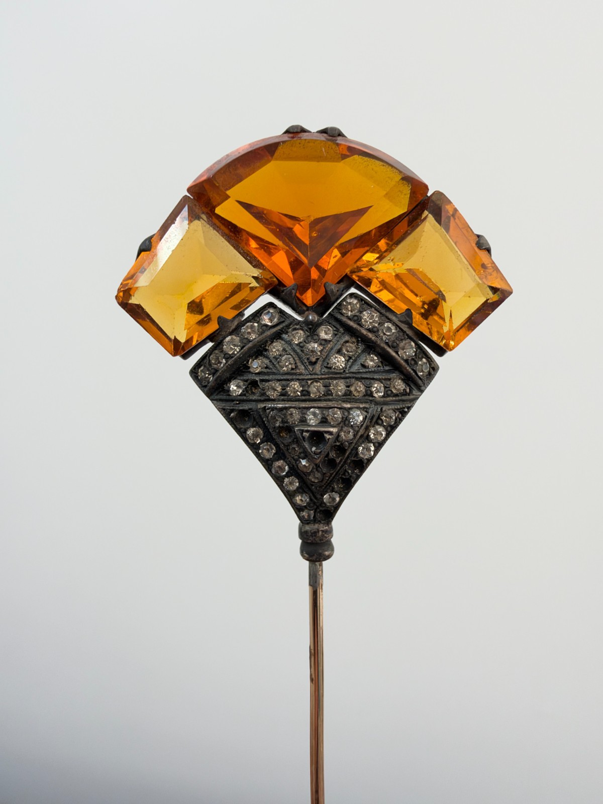 Victorian Sterling Silver Fan-Shaped Hat Pin - Antique Hat Pin W/ Amber Gems 7\