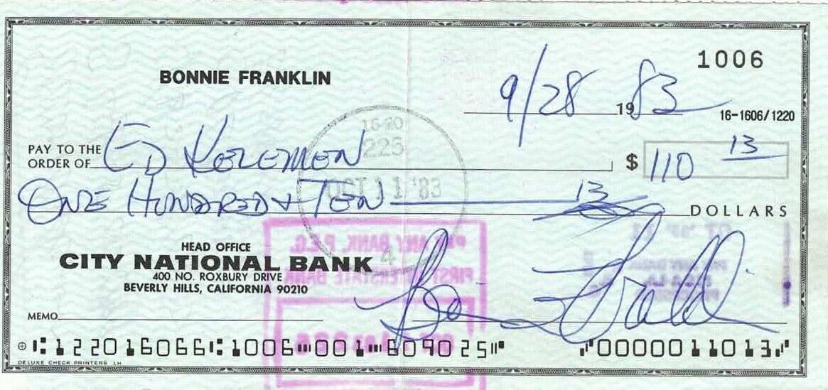 Bonnie Franklin Signed Check
