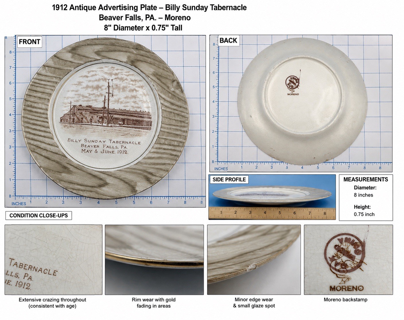Antique 1912 Billy Sunday Tabernacle Beaver Falls PA Souvenir Plate Moreno