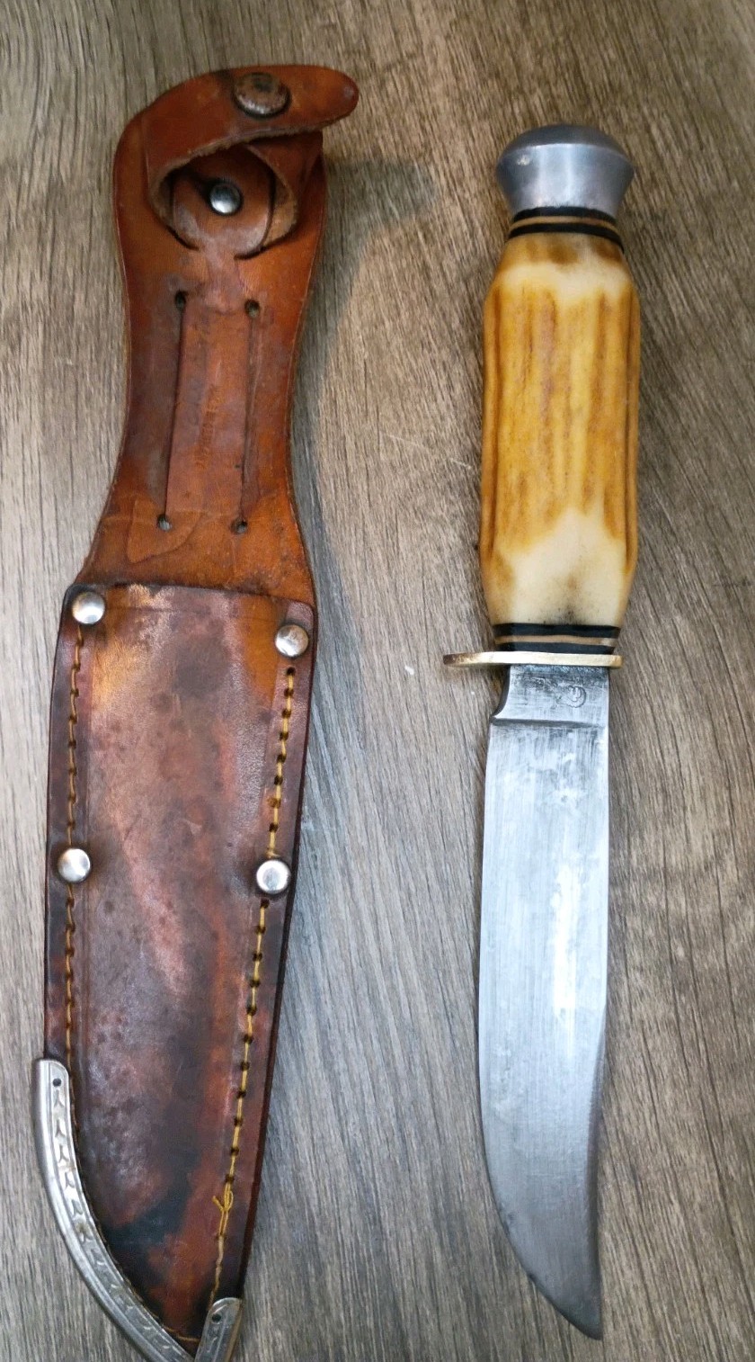 Vtg Anton Wingen Jr. Hunting Knife Original Leather Sheath Germany Antler Handle