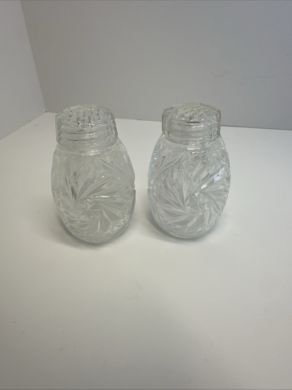 Vintage Czechoslovakia Cut Glass Salt Pepper Shakers Pinwheel Starburst 3”