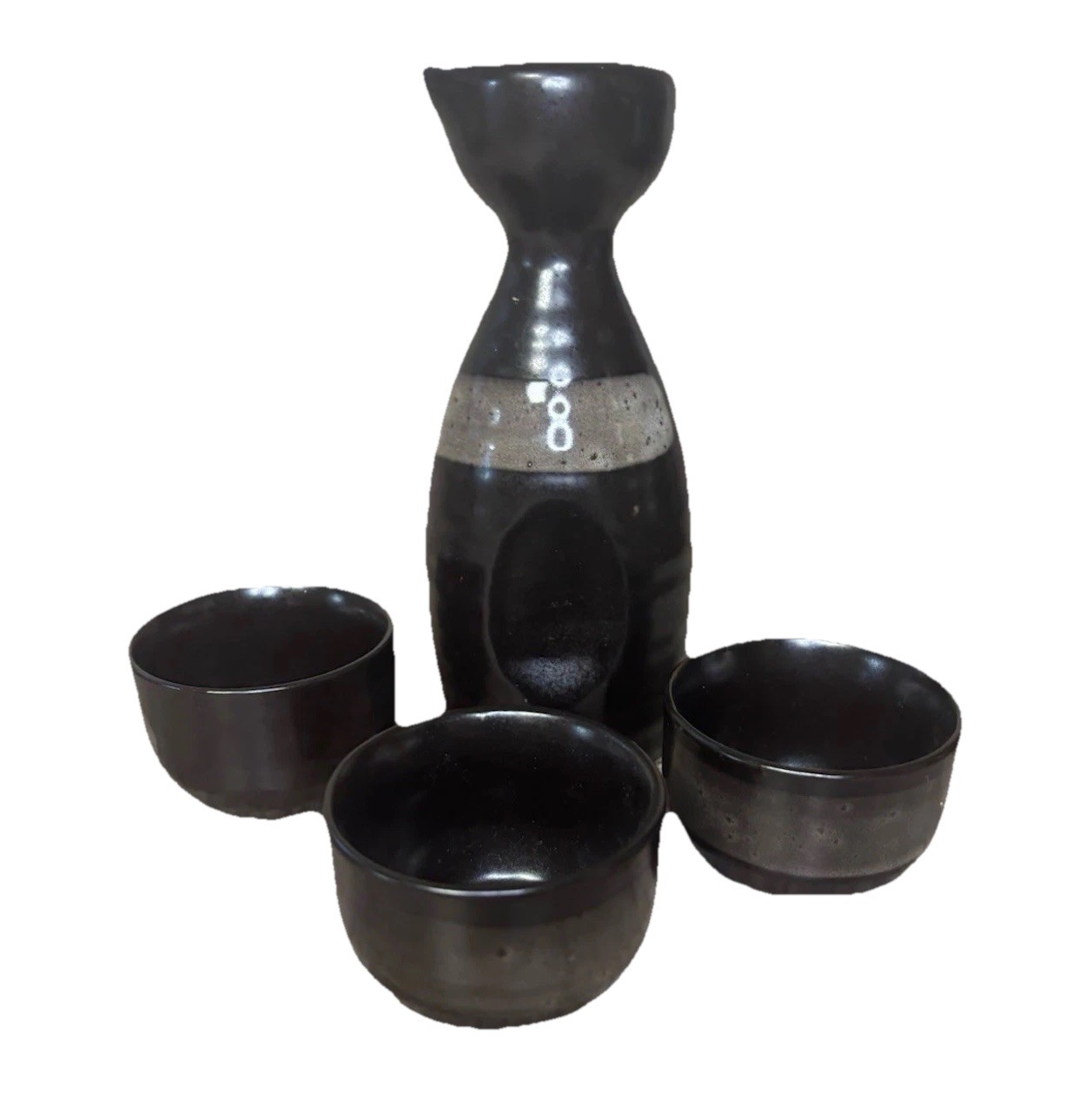 Sake Decanter 3 Cups Traditional Serving Pottery Tianmu Vintage