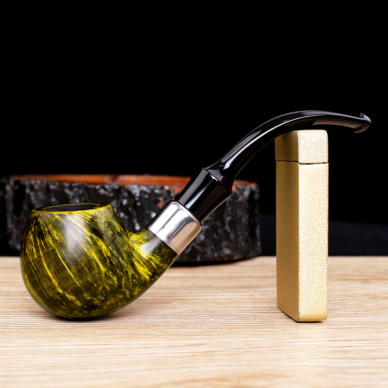 Handmade Briar Pipe Wooden Curved Stem Tobacco Smoking Pipe With Decoration Ring