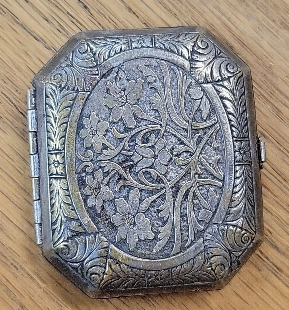 Antique Silver Plated Compact Art Nouveau 1920s Edwardian Karess Woodworth Vtg