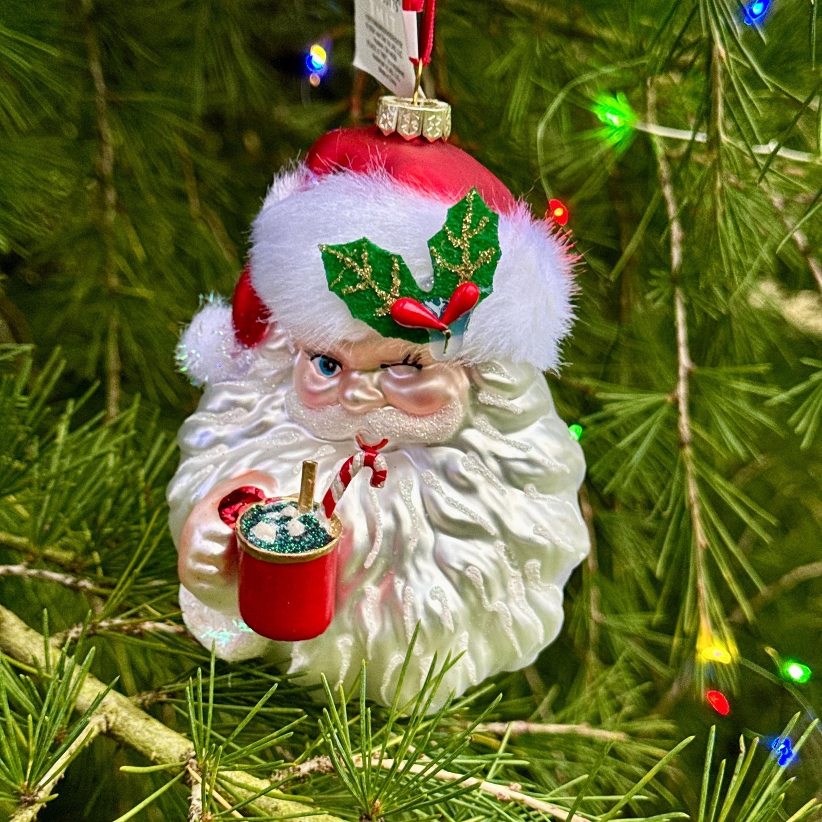 Winking Santa Claus Glass Christmas Tree Ornament