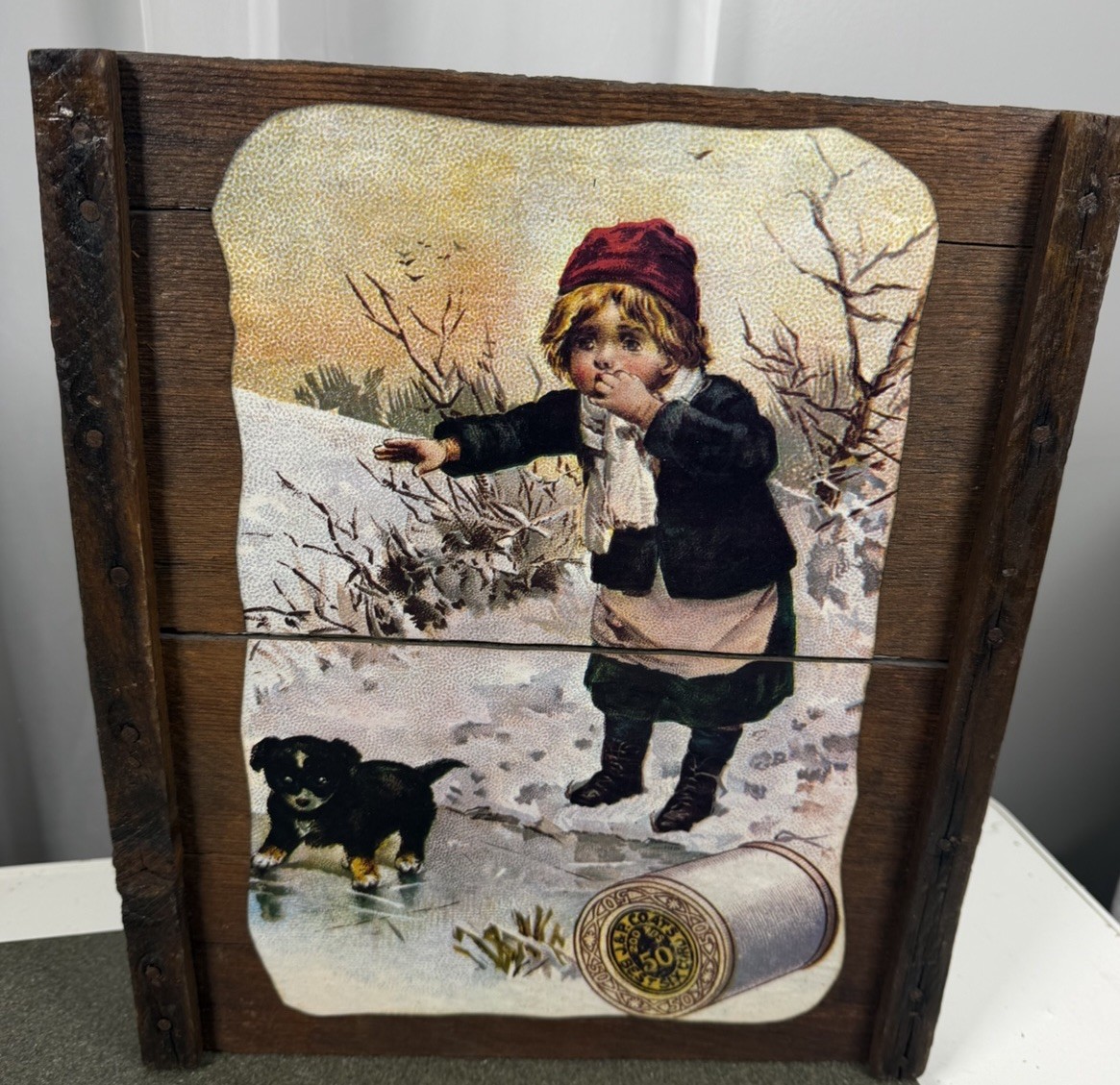 J&P Coats Vintage Print Ad Wood Slat Sign 13.5\