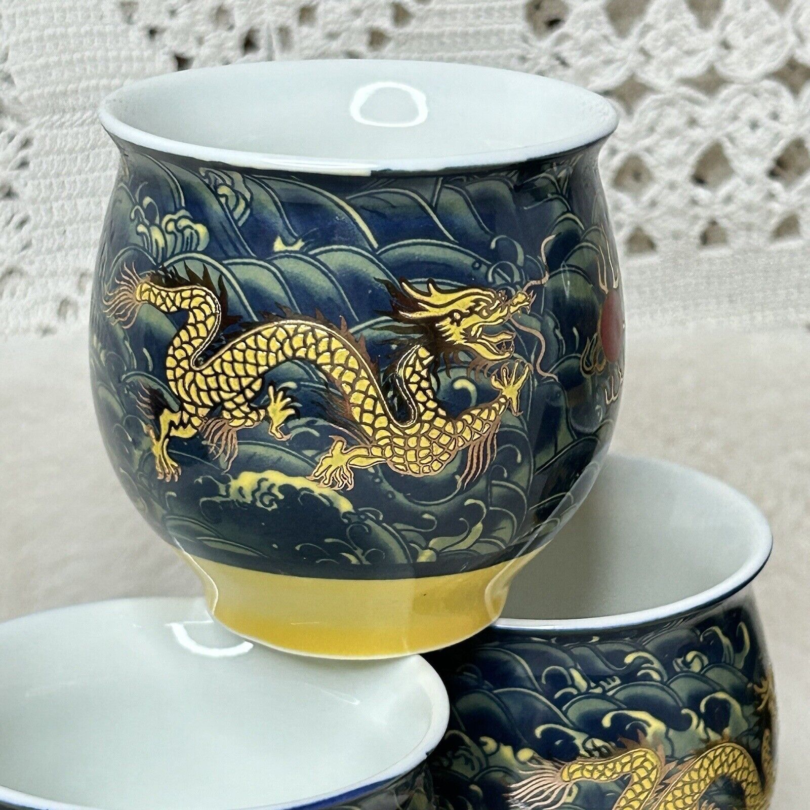 VTG Set 6 Chinese Hand Painted Golden Dragon Double Wall Porcelain Sake Tea Cups