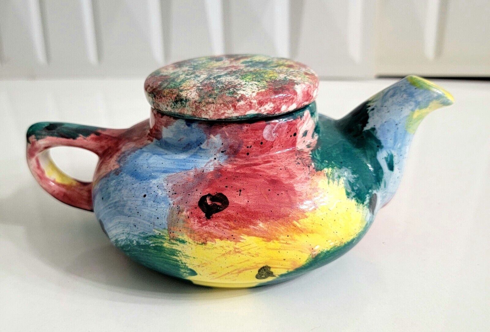 Unique Colorful Abstract Japanese Style Teapot With Beatle Stamp Signature. 