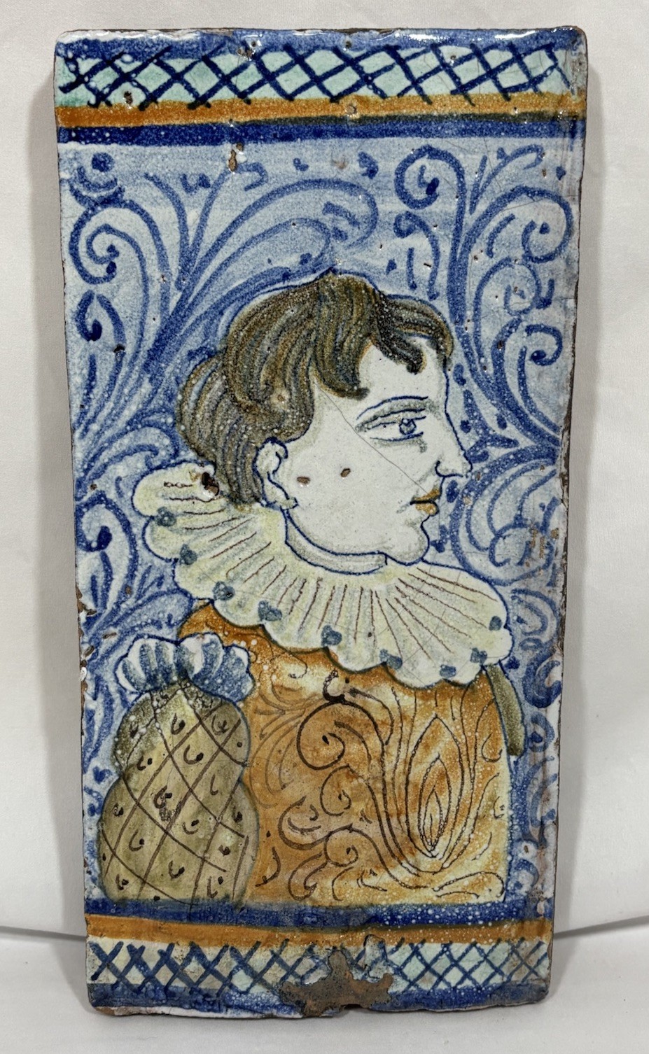 Antique Italian Castelli Painted Majolica Terracotta Brick Tile Renaissance Man