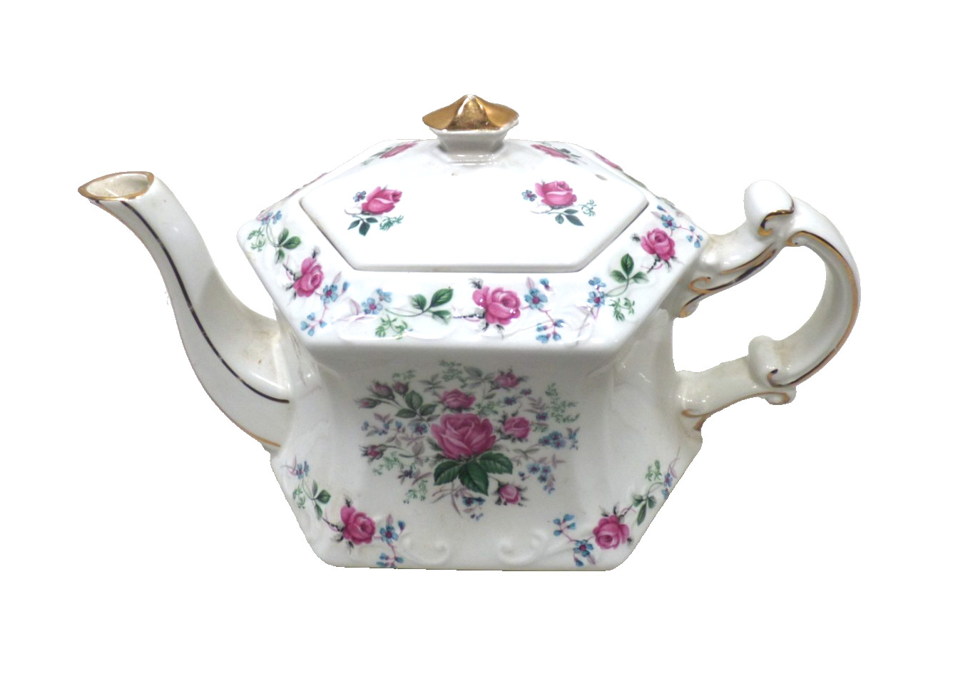 Vintage Ellgreave Wood & Sons England Teapot Pink Roses Genuine Ironstone #389 c
