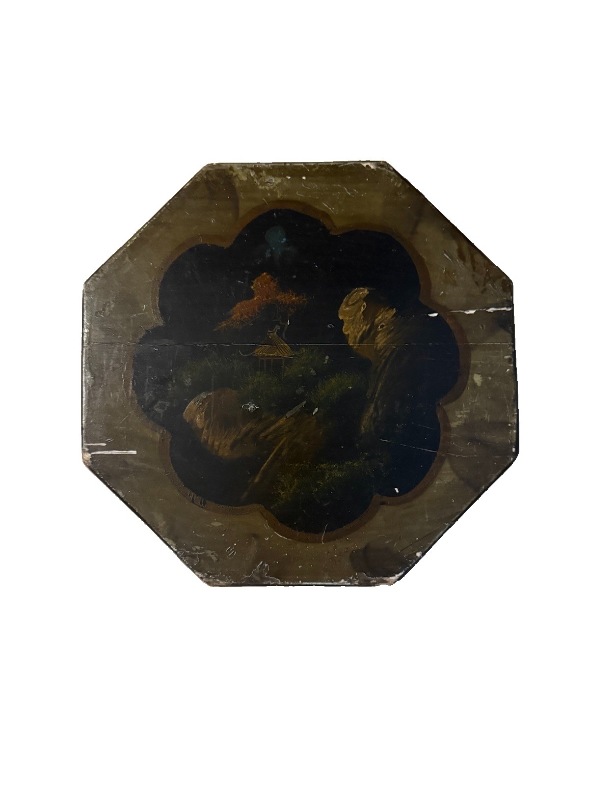 Antique Chinese Octagonal Rice Barrel Lid Wall Art Painted Chinoiserie Toleware Antique Chinese Octagonal Rice Barrel Lid Wall Art Painted Chinoiserie Toleware