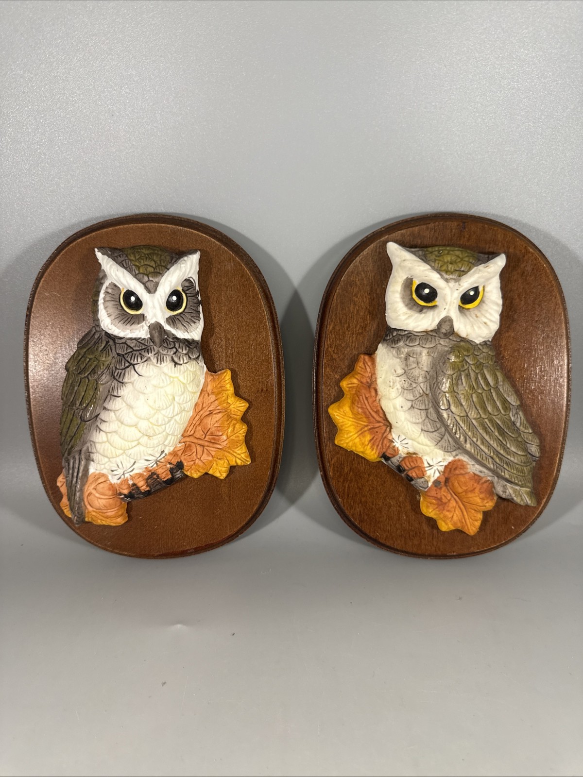 Set Of 2 Vintage Homco 3D Owl Ceramic Wall Plaque on Wood Oval Base - 1970s MCM