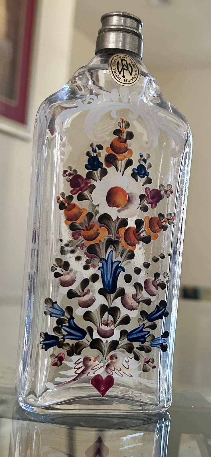 Antique Peter Wolke Tiroler Glass Bottle, Hand-Painted and Enameled.