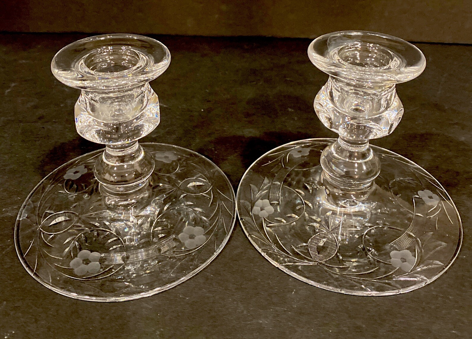 Pair Of Vintage Etched Glass Candle Holders