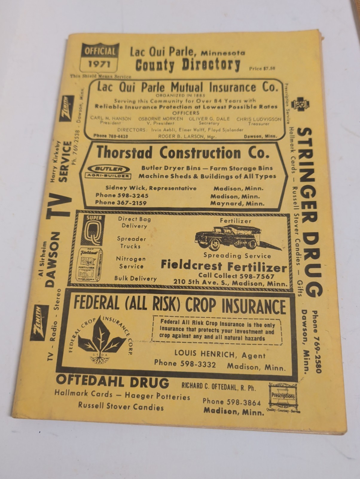 1971 Vintage Lac Qui Parle Minnesota County Atlas Directory 44 page 