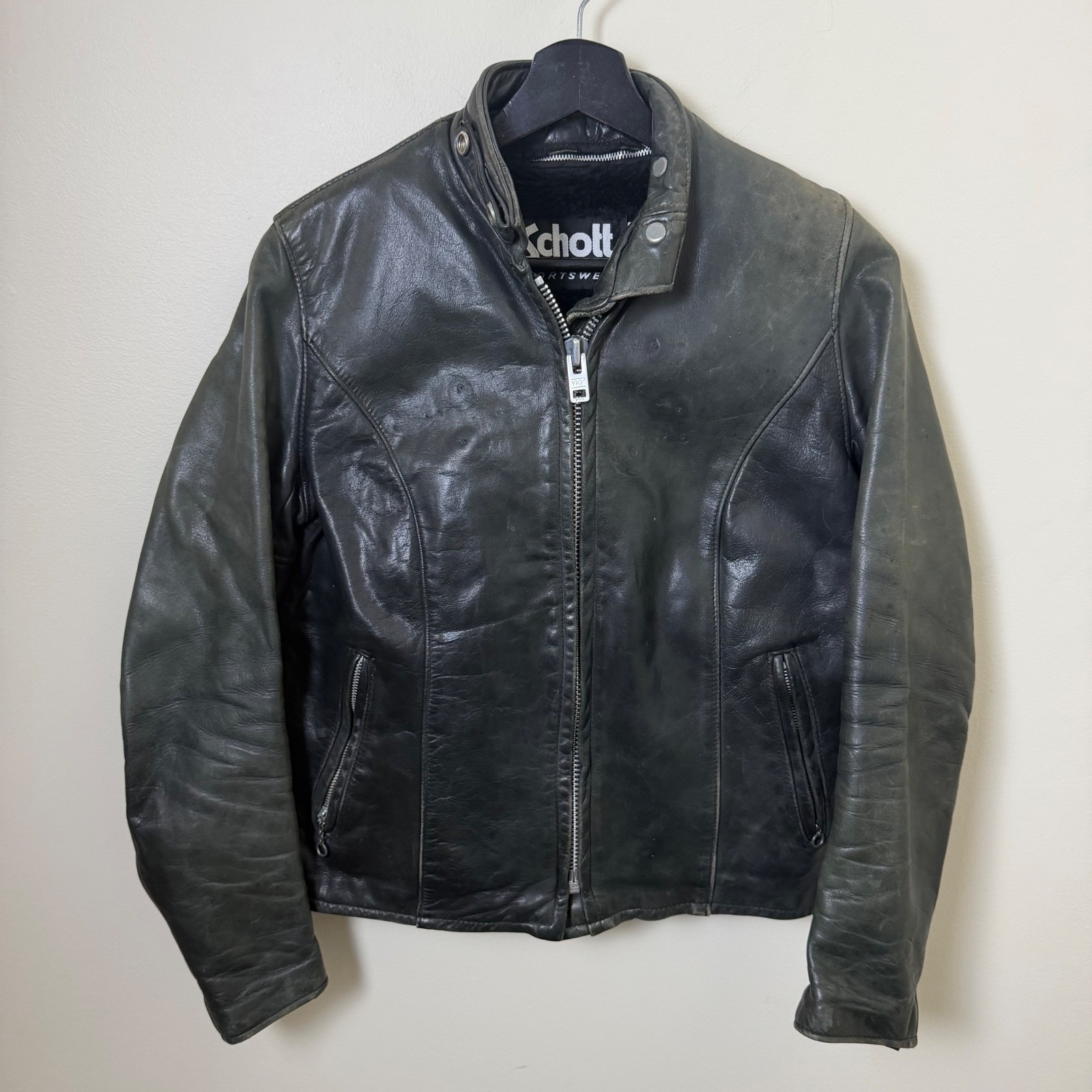 Vintage women’s schott NYC black leather jacket Harley-Davidson patch Size 10
