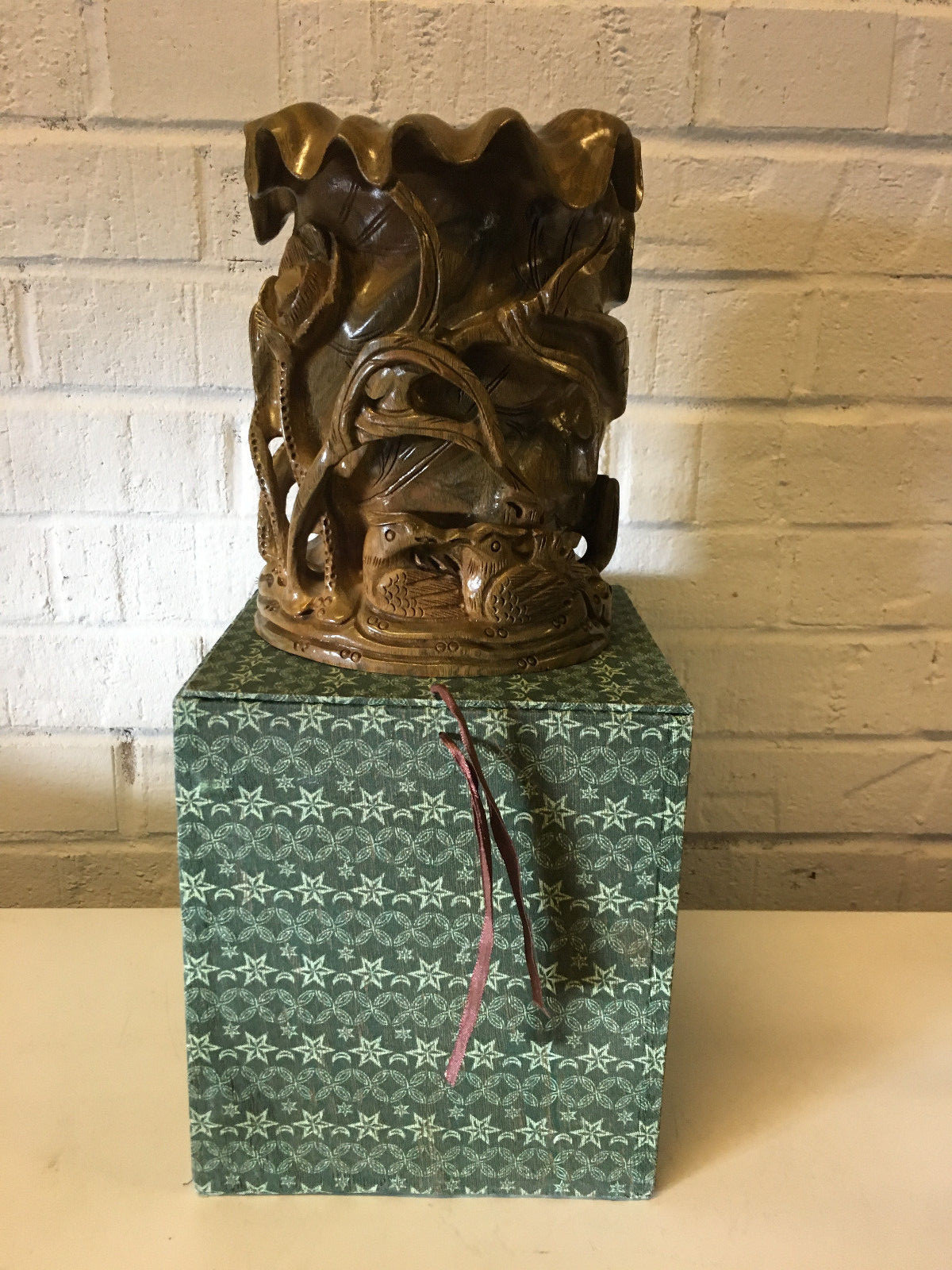 Chinese Unknown Age Wood Carved Sculpture Vase / Brush Washer Birds Floral w Box