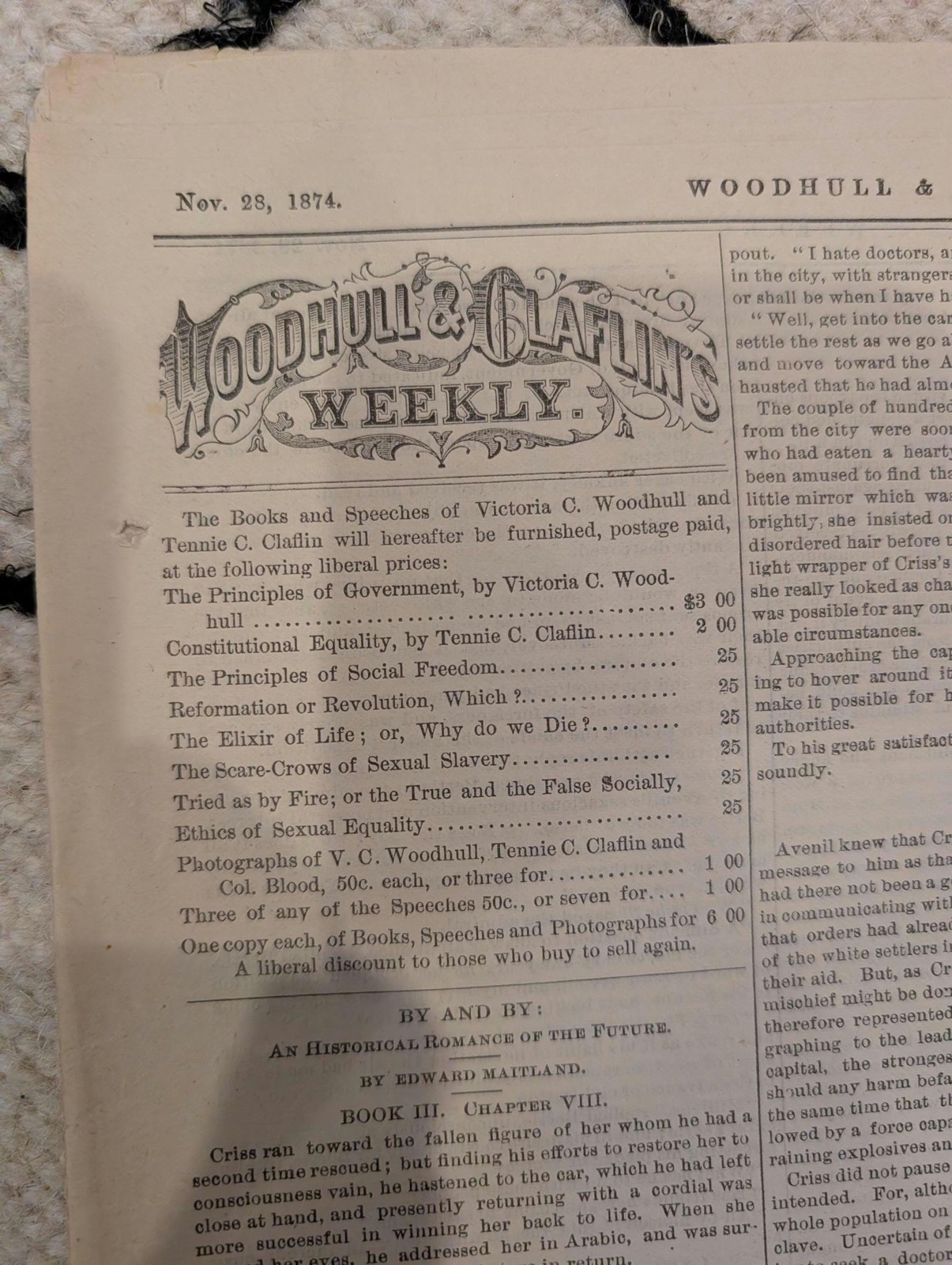 1874 Woodhull & Claflins Weekly — Victoria Woodhull, Aerial War, Spirits, Nov 28