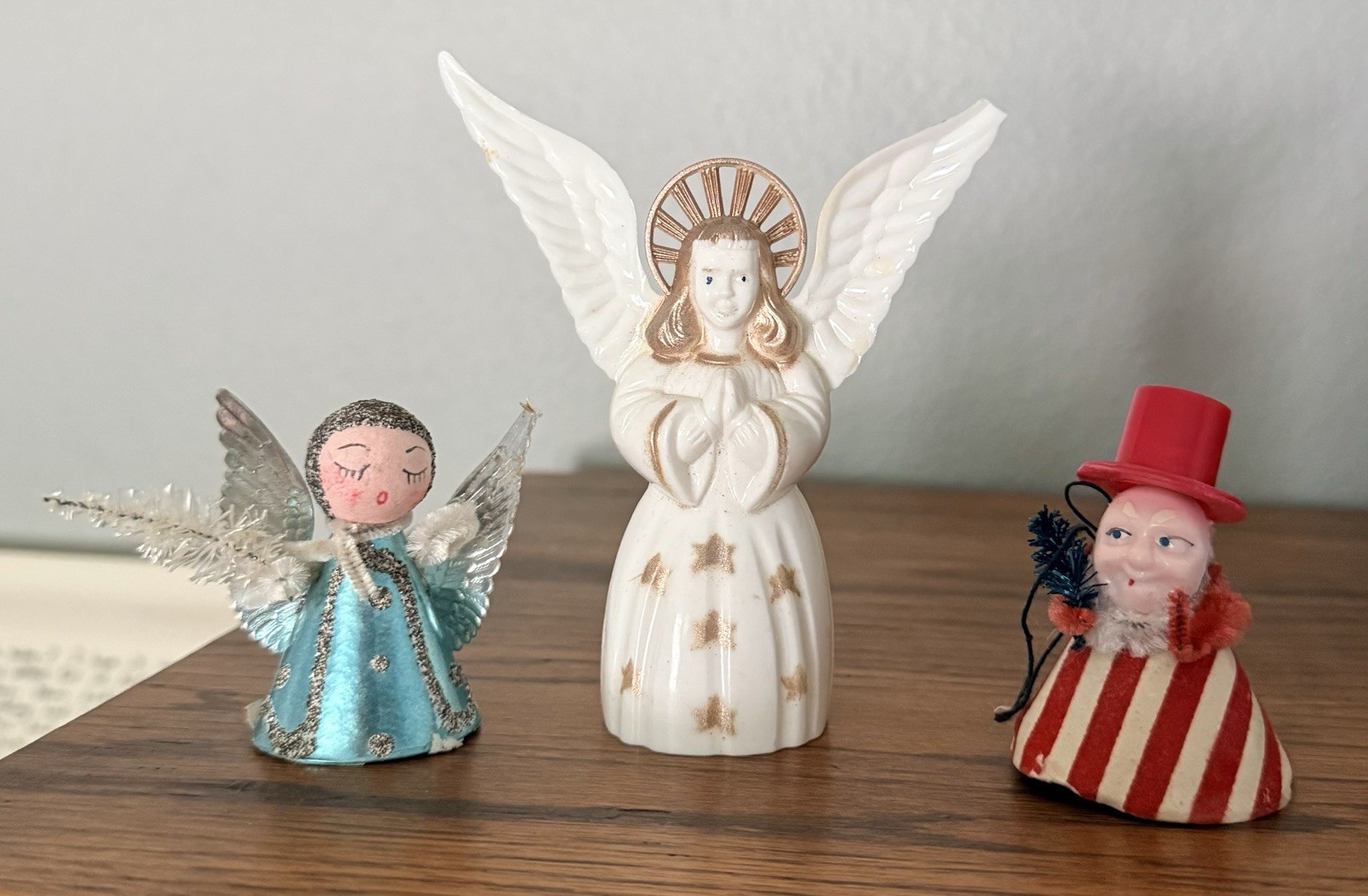 Vintage Japan Christmas Ornaments x 3 Angel Spun Cotton Head Uncle Sam Santa