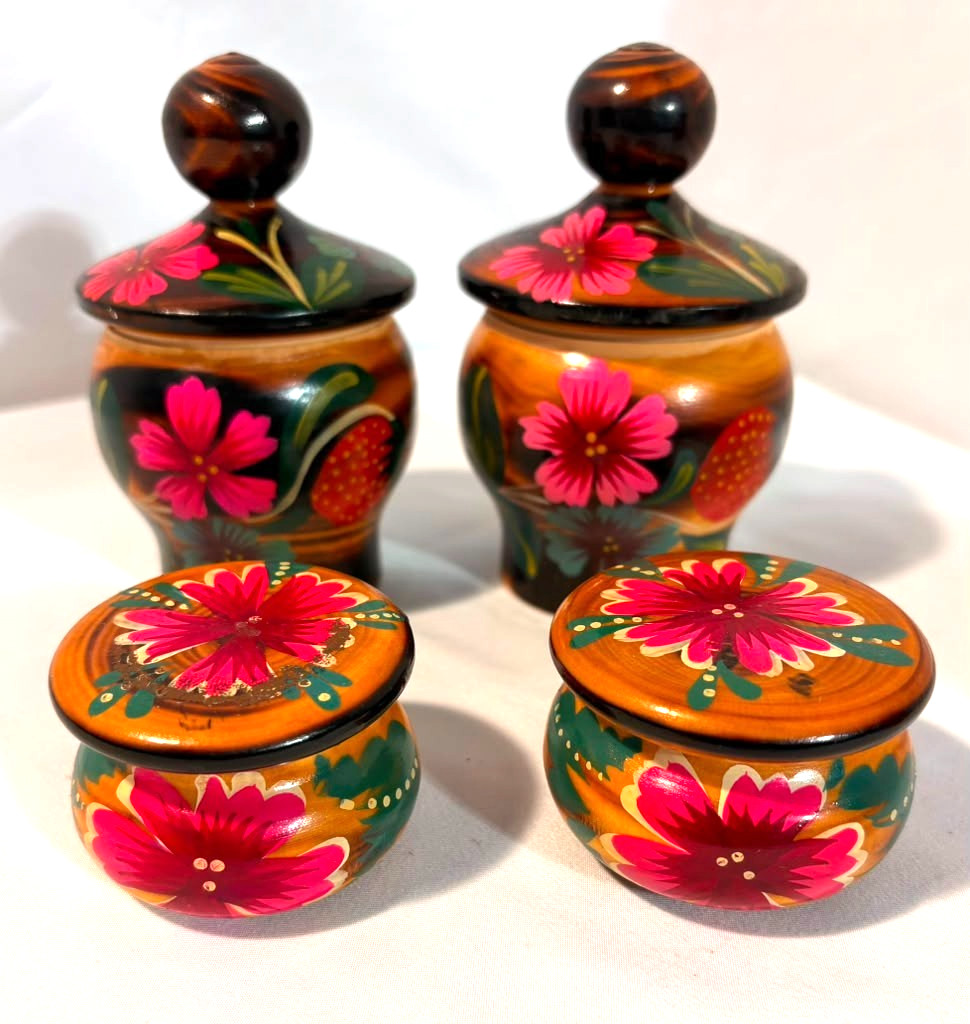 4 Pc Vtg Khokhloma Russian Folk Art Lacquered Wooden Canister Jars USSR Floral