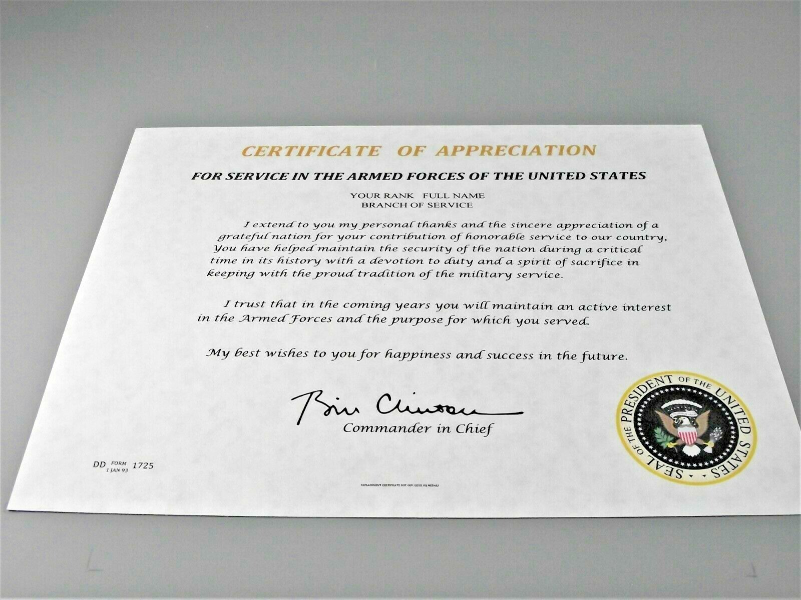 Certificate of Appreciation President Bill Clinton Replacement certificate 