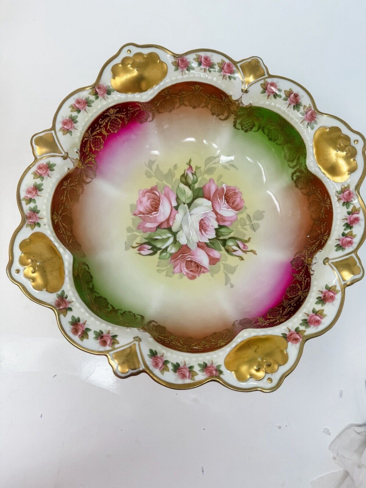 Austria Floral Pink Roses Scalloped Bowl 10.5 Inch