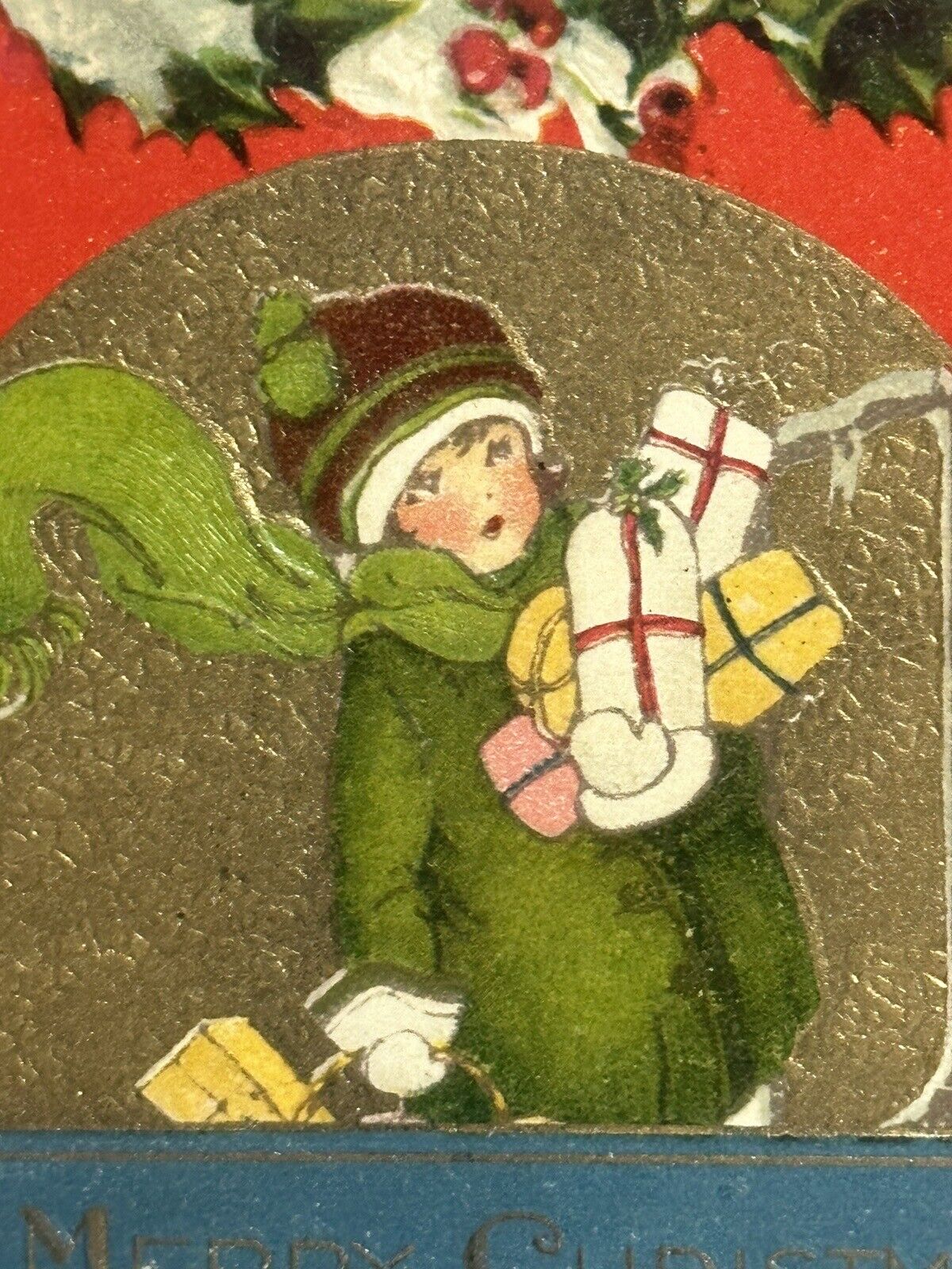 Christmas Postcard Children Girl Green Coat Shops Gold Orb Holly Winsch Back