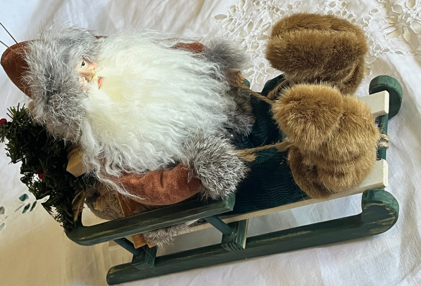 Vintage Large Rustic Santa on Green Wooden Sled Decoration, Fur Trim, 10\