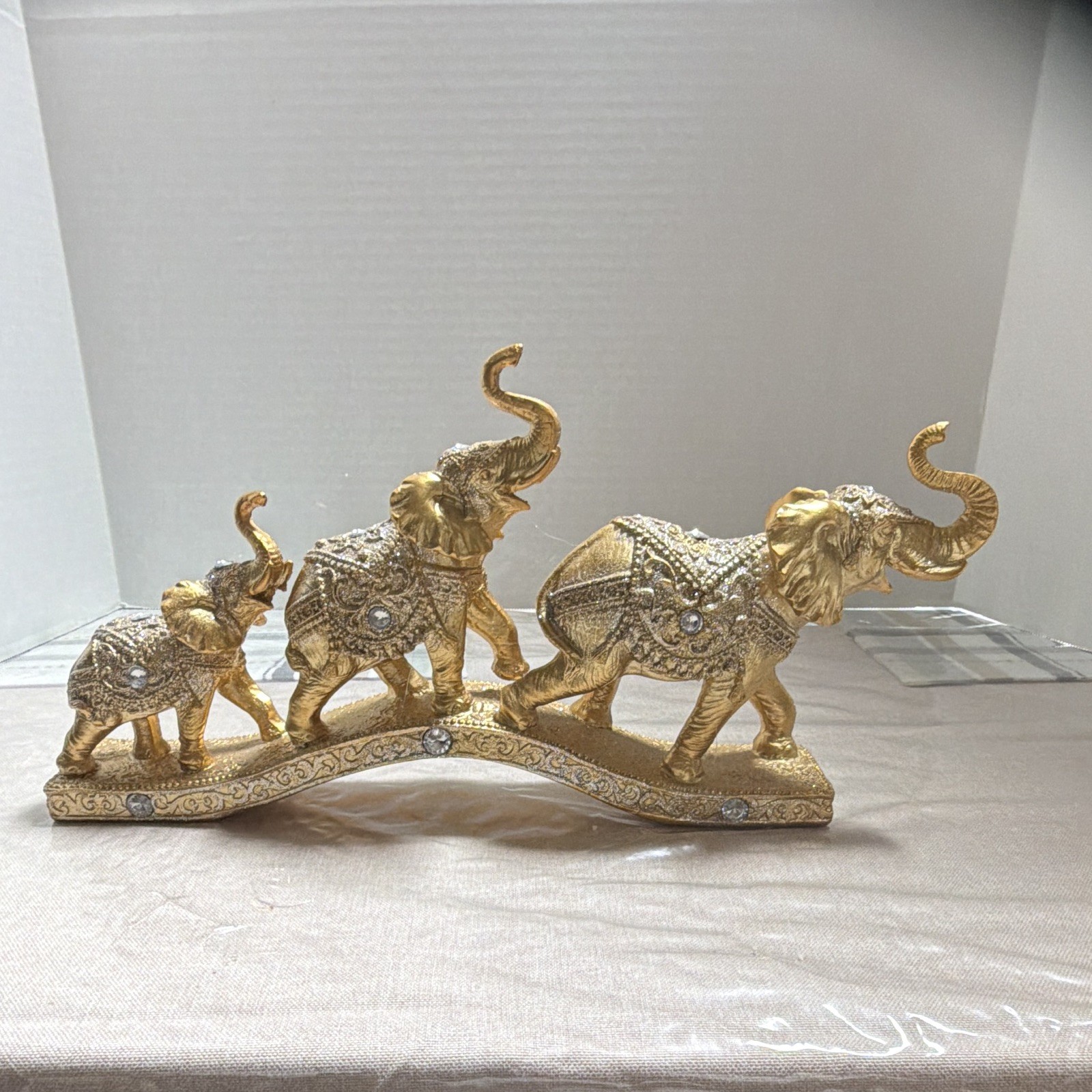Gold Tone Metal Elephant Family Trio Figurine Decorative Statue on Base