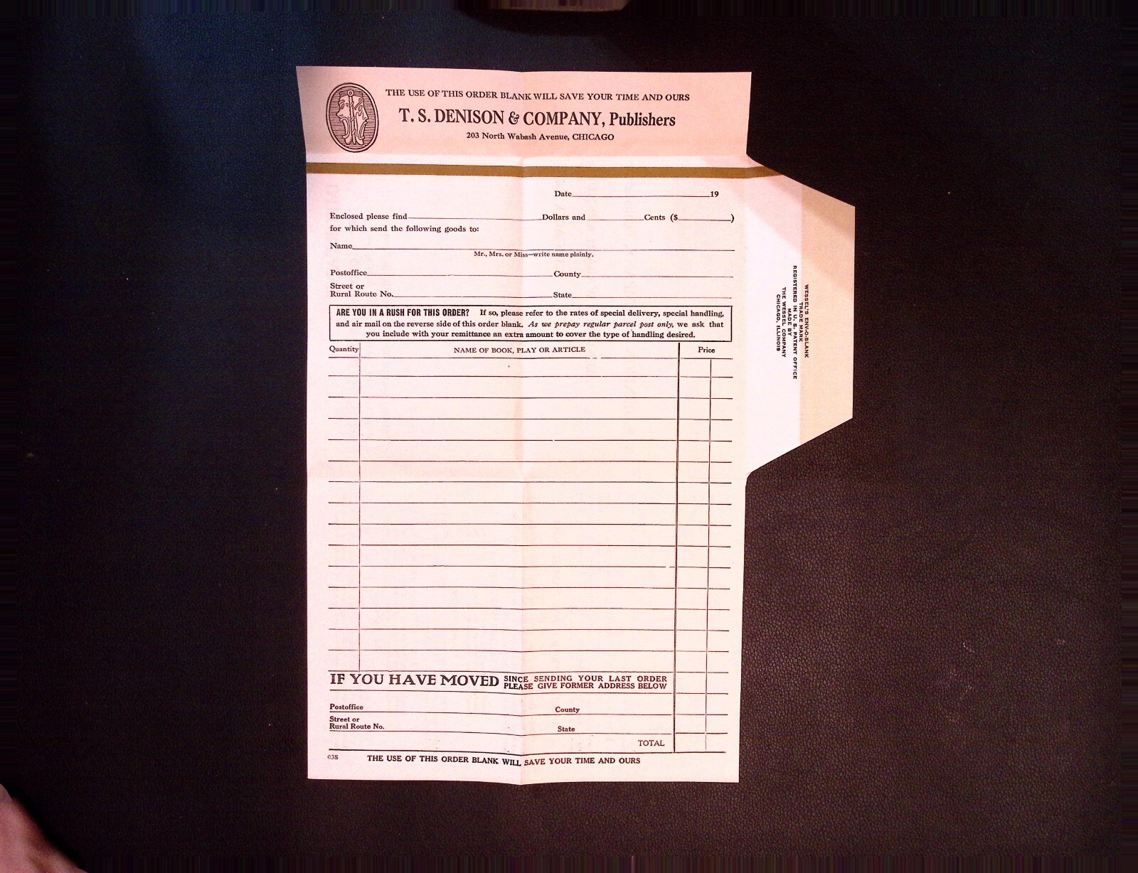 T.S. Denison & Co Publishers Chicago Order Form Envelope Books Plays Article