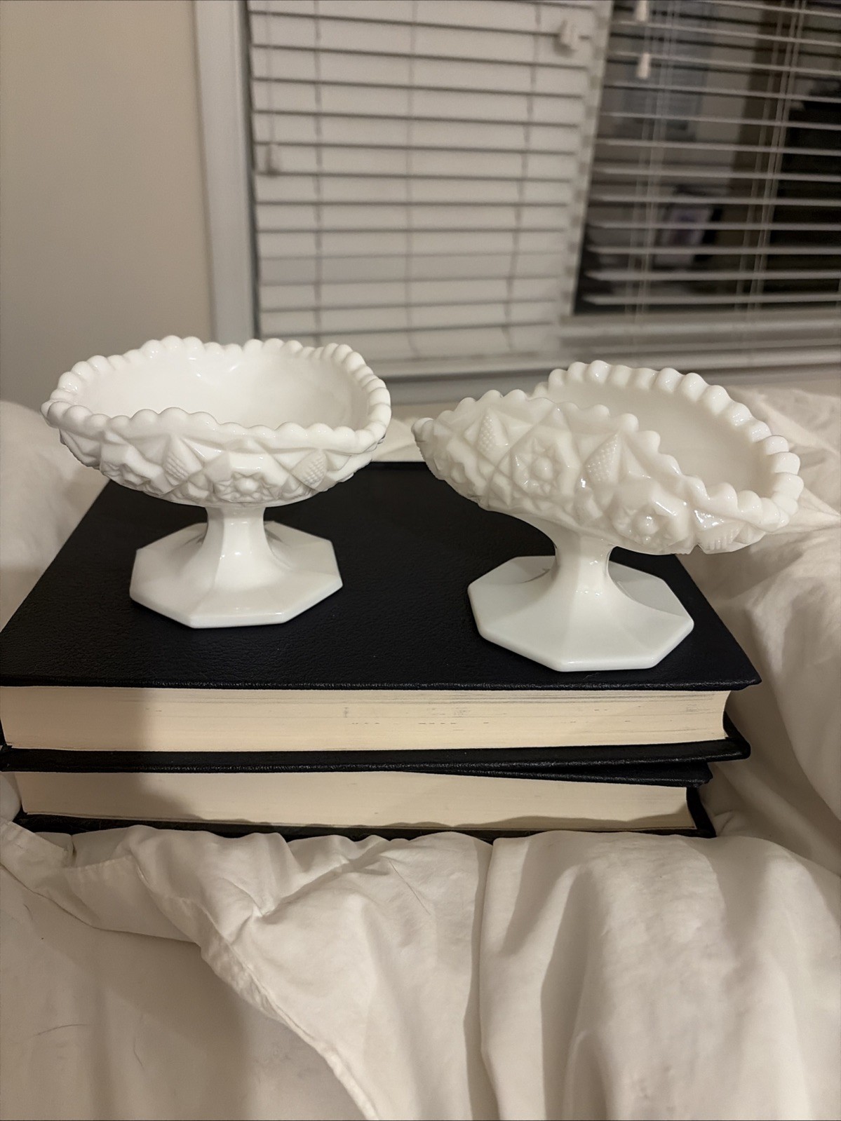 Set Of 2 Kemple Hobstar Vintage Milk Glass Footed Compote 